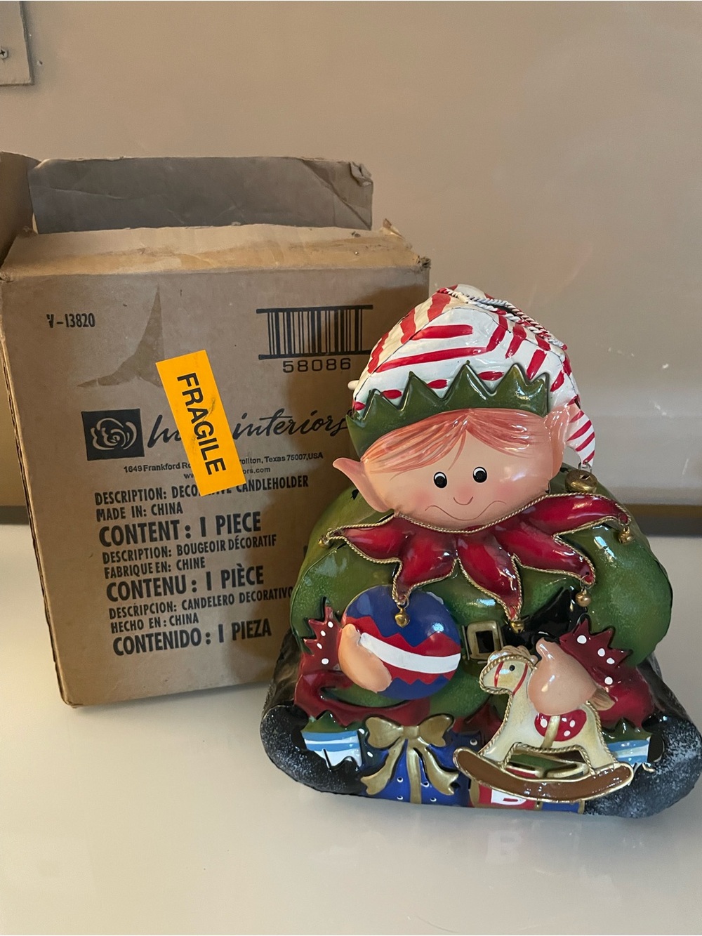 Home Interiors Decorative Candle Holder Elf Green & Red with Candy-Stripe Hat